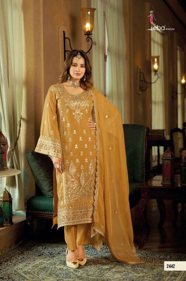 AROMA SERIES 2441 TO 2443 BY EBA DESIGNER EMBROIDERY WORK SOFT ORGANZA READYMADE SUITS ARE AVAILABLE AT WHOLESALE PRICE