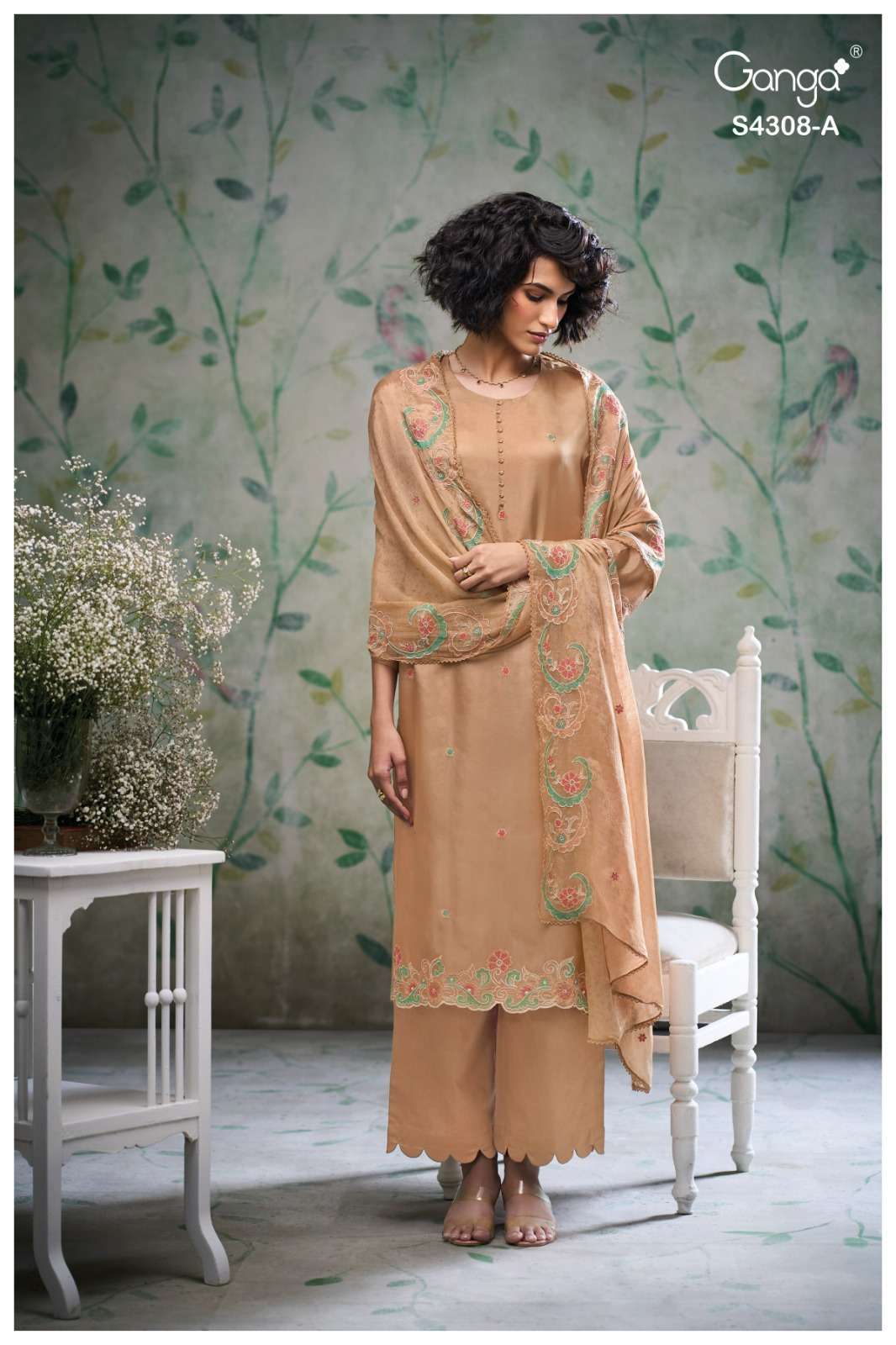 AVIYQ SERIES 4308 BY GANGA DESIGNER SCHIFFLI EMBROIDERY AND HAND WORK BEMBERG HABUTAI SILK SUITS ARE AVAILABLE AT WHOLESALE PRICE