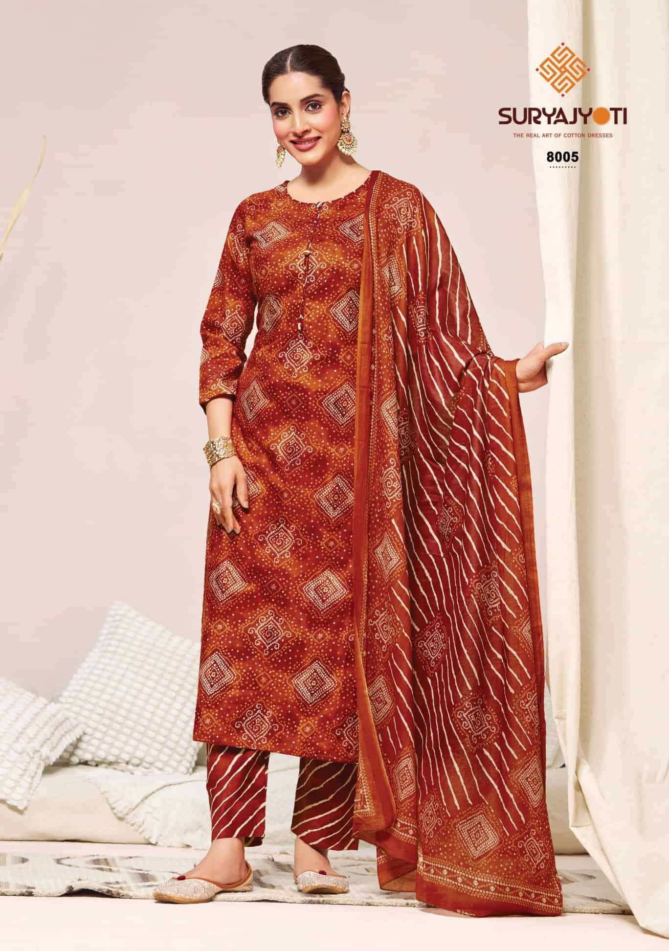 BANDHANI LEHARIYA SPECIAL VOL-8 SERIES 8001 TO 8008 BY SURYAJYOTI DESIGNER PRINTED COTTON SUITS ARE AVAILABLE AT WHOLESALE PRICE