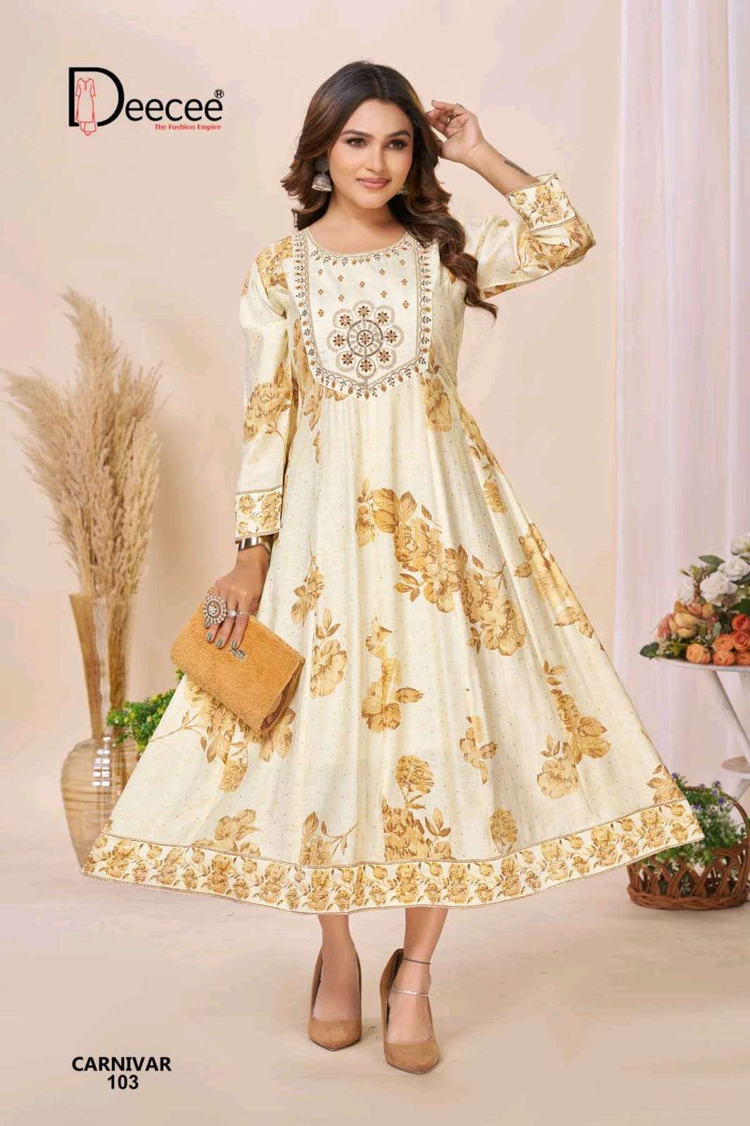 CARNIVAR SERIES 101 TO 106 KURTI BY DEE CEE DESIGNER SCREEN PRINT AND EMBROIDERY WORK ROMAN SILK KALI STYLE KURTI ARE AVAILABLE AT WHOLESALE PRICE