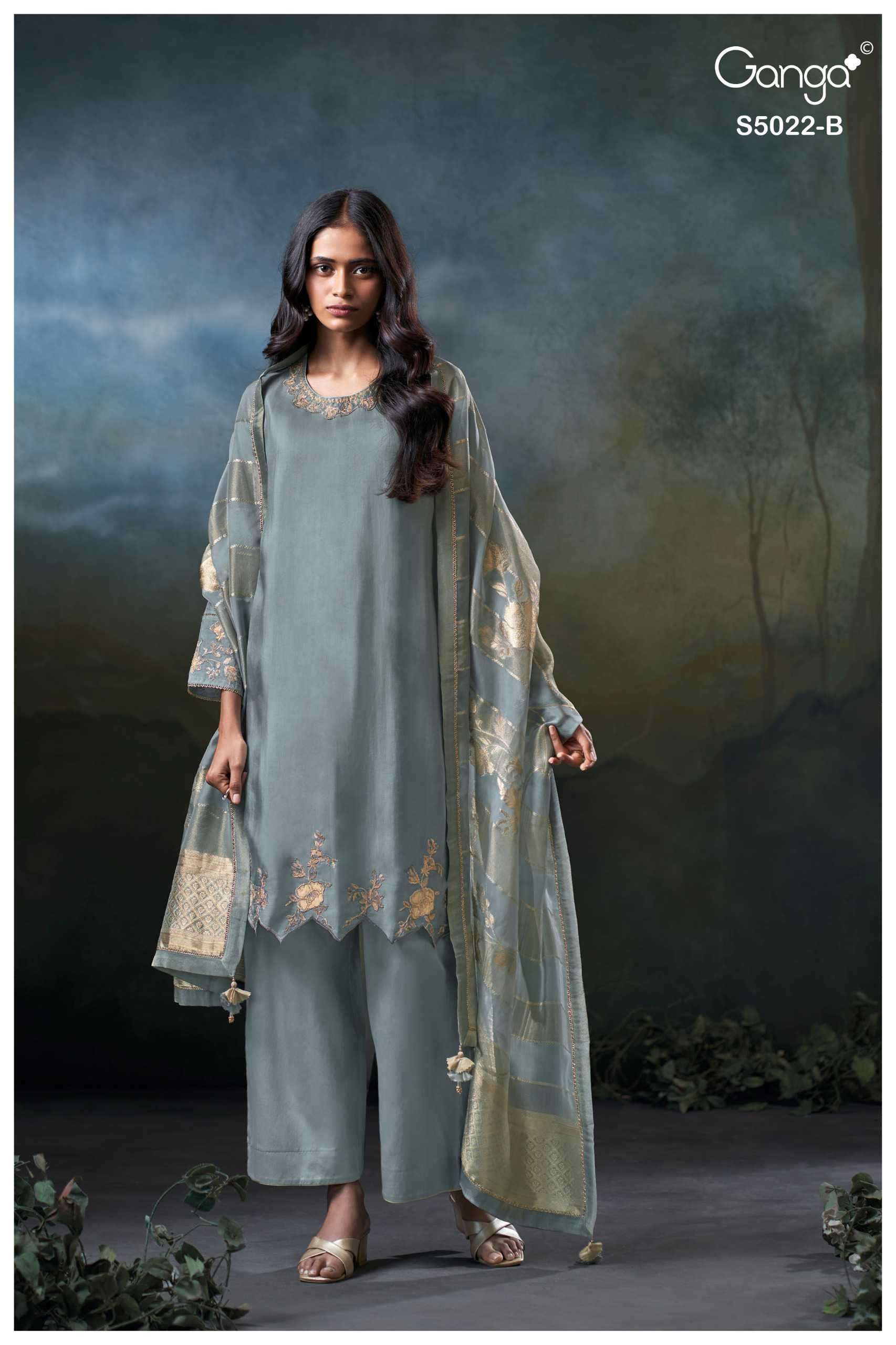 CHRYSA SERIES 5022 BY GANGA DESIGNER EMBROIDERY AND HAND WORK BEMBERG HABUTAI SILK SUITS ARE AVAILABLE AT WHOLESALE PRICE 