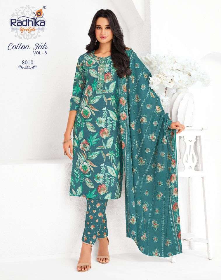 COTTON FAB VOL-8 SERIES 8001 T0 8008 BY RADHIKA LIFESTYLE DESIGNER PRINTED AND WORK COTTON KURTI WITH BOTTOM AND DUPATTA ARE AVAILABLE AT WHOLESALE PRICE