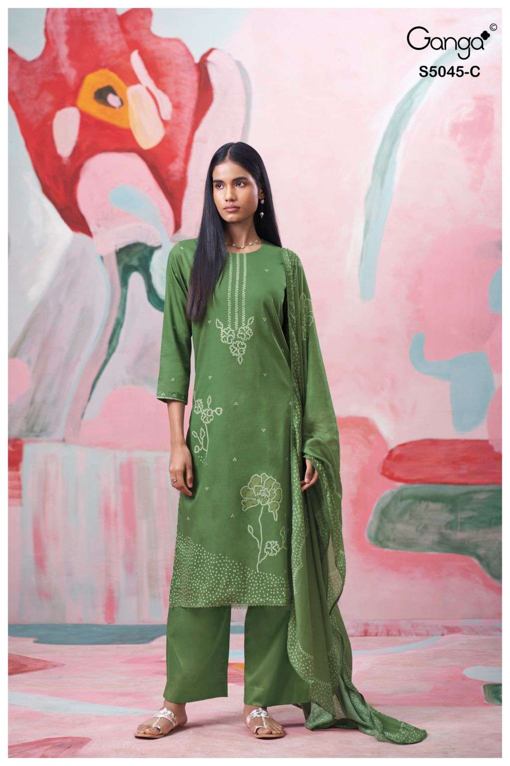 CRESSA SERIES 5045 BY GANGA DESIGNER PRINTED WITH HAND WORK AND SCHIFFLI EMBROIDERY WORK COTTON SATIN SUITS ARE AVAILABLE AT WHOLESALE PRICE