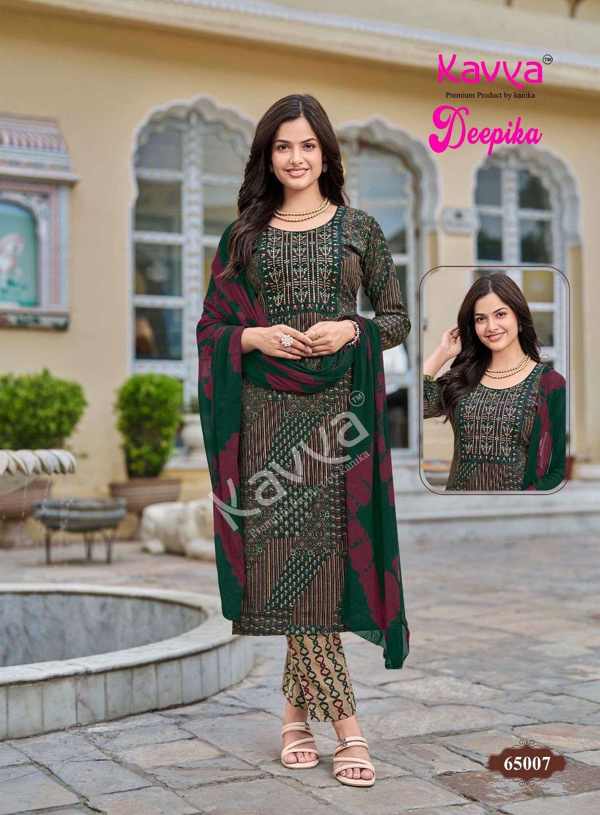 DEEPIKA VOL-65 SERIES 65001 TO 65010 BY KAVYA DESIGNER PRINTED AND WORK CAPSULE KURTI WITH BOTTOM AND DUPATTA ARE AVAILABLE AT WHOLESALE PRICE