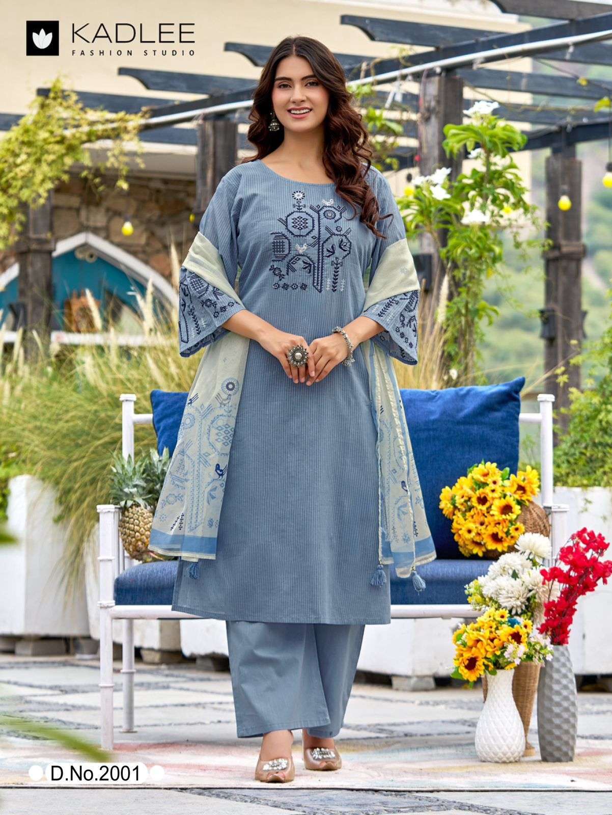 DEEVA SERIES 2001 TO 2005 BY KADLEE DESIGNER THREAD WORK SALI COTTON KURTI WITH BOTTOM AND DUPATTA ARE AVAILABLE AT WHOLESALE PRICE 