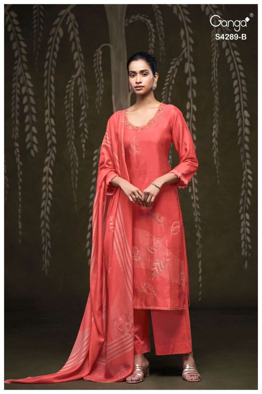 DEISHA SERIES 4289 BY GANGA DESIGNER PRINTED WITH HAND EMBROIDERY AND HAND WORK BEMBERG RUSSIAN SILK SUIT ARE AVAILABLE AT WHOLESALE PRICE