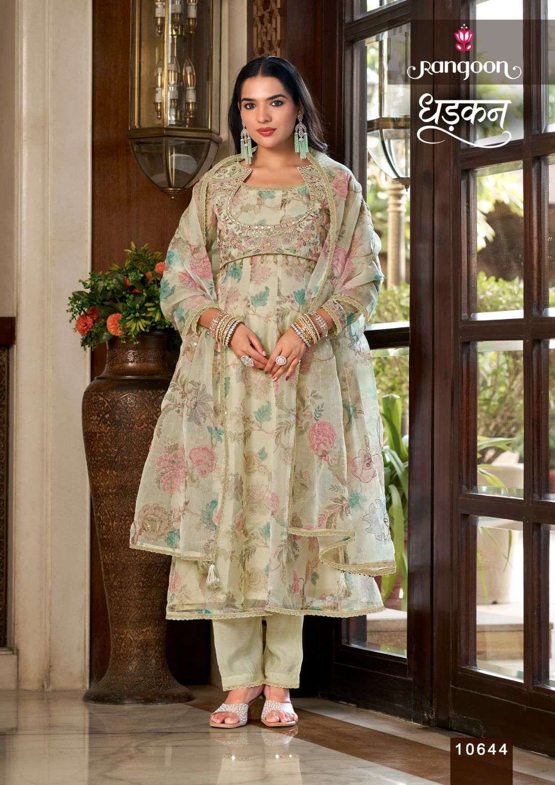 DHADKAN SERIES 10641 TO 10644 BY RANGOON DESIGNER PRINTED WITH KHATLI HAND WORK VISCOSE ANARKALI TOP WITH BOTTOM AND DUPATTA ARE AVAILABLE AT WHOLESALE PRICE 