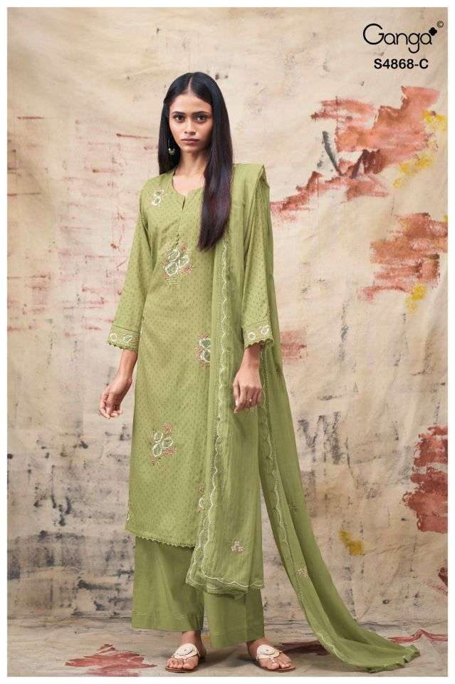 DIVANSHI SERIES 4868 BY GANGA DESIGNER PRINTED AND EMBROIDERY WORK BEMBERG MUL SUITS ARE AVAILABLE AT WHOLESALE PRICE