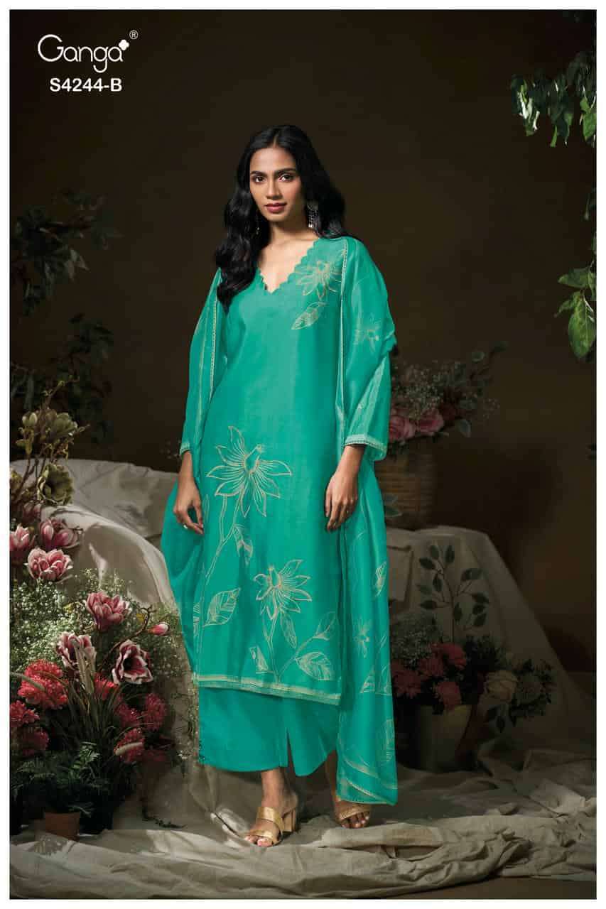 DRUYA SERIES 4244 BY GANGA DESIGNER EMBROIDERY AND HAND EMBROIDERY WORK BEMBERG RUSSIAN SILK SUITS ARE AVAILABLE AT WHOLESALE PRICE 