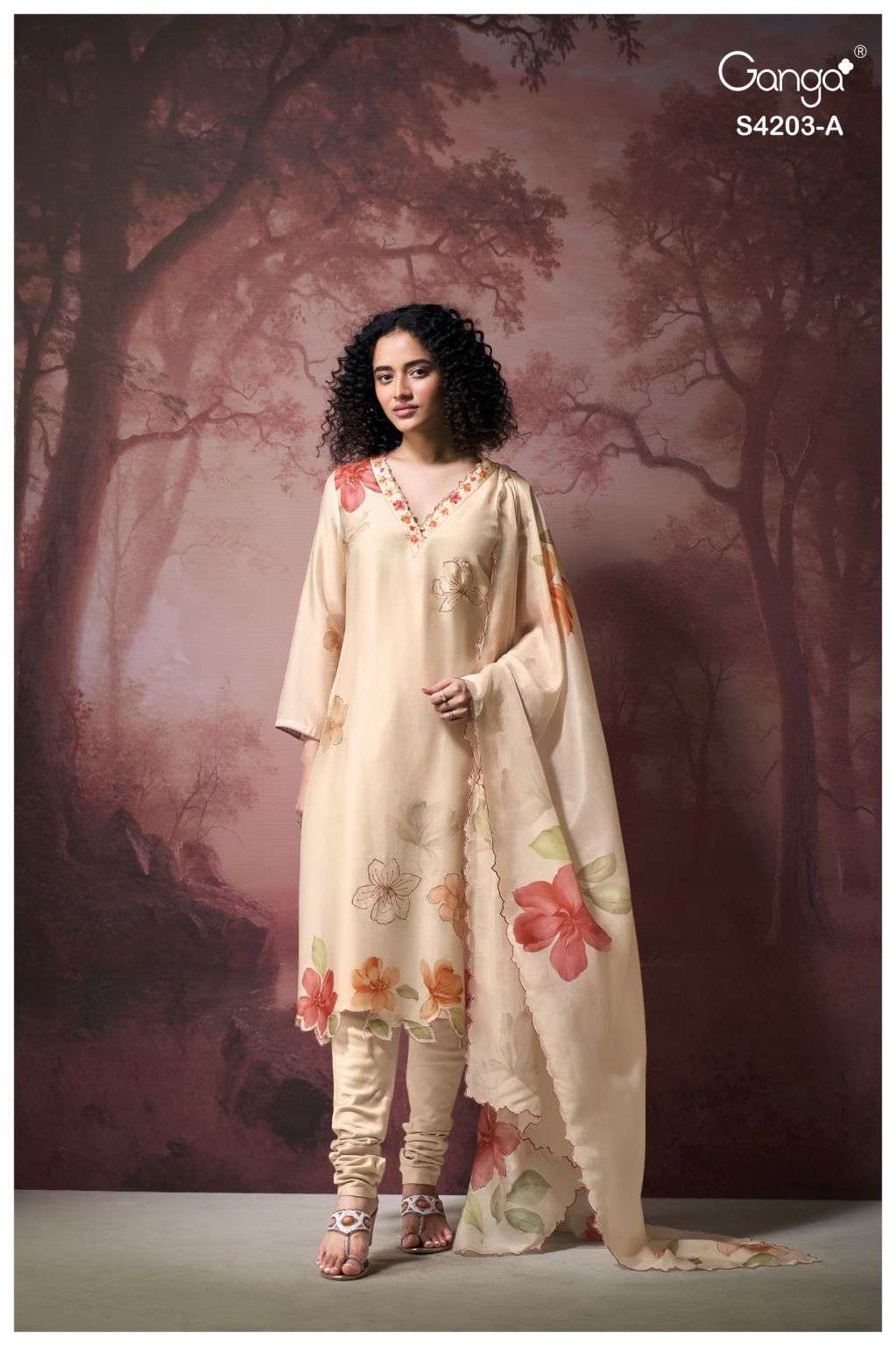 EKTHARA SERIES 4209 BY GANGA DESIGNER PRINTED AND HAND EMBROIDERY AND EMBROIDERY WORK BEMBERG SILK SATIN SUITS ARE AVAILABLE AT WHOLESALE PRICE 