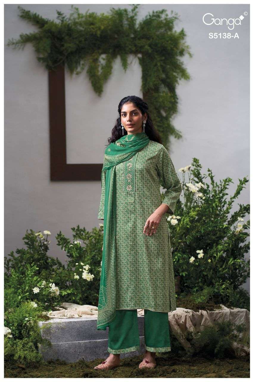 ELNAAZ SERIES 5138 BY GANGA DESIGNER PRINTED AND EMBROIDERY WORK COTTON SATIN SUITS ARE AVAILABLE AT WHOLESALE PRICE