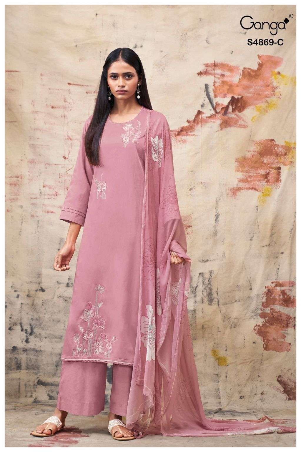 EVIKAA SERIES 4869 BY GANGA DESIGNER PRINTED AND EMBROIDERY WORK COTTON SATIN SUITS ARE AVAILABLE AT WHOLESALE PRICE
