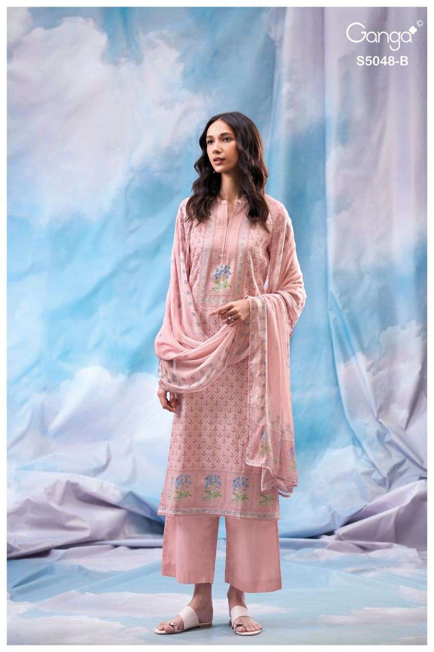 FAANVI SERIES 5048 BY GANGA DESIGNER PRINTED WITH HAND EMBROIDERY AND SCHIFFLI EMBROIDERY WORK COTTON SATIN SUITS ARE AVAILABLE AT WHOLESALE PRICE