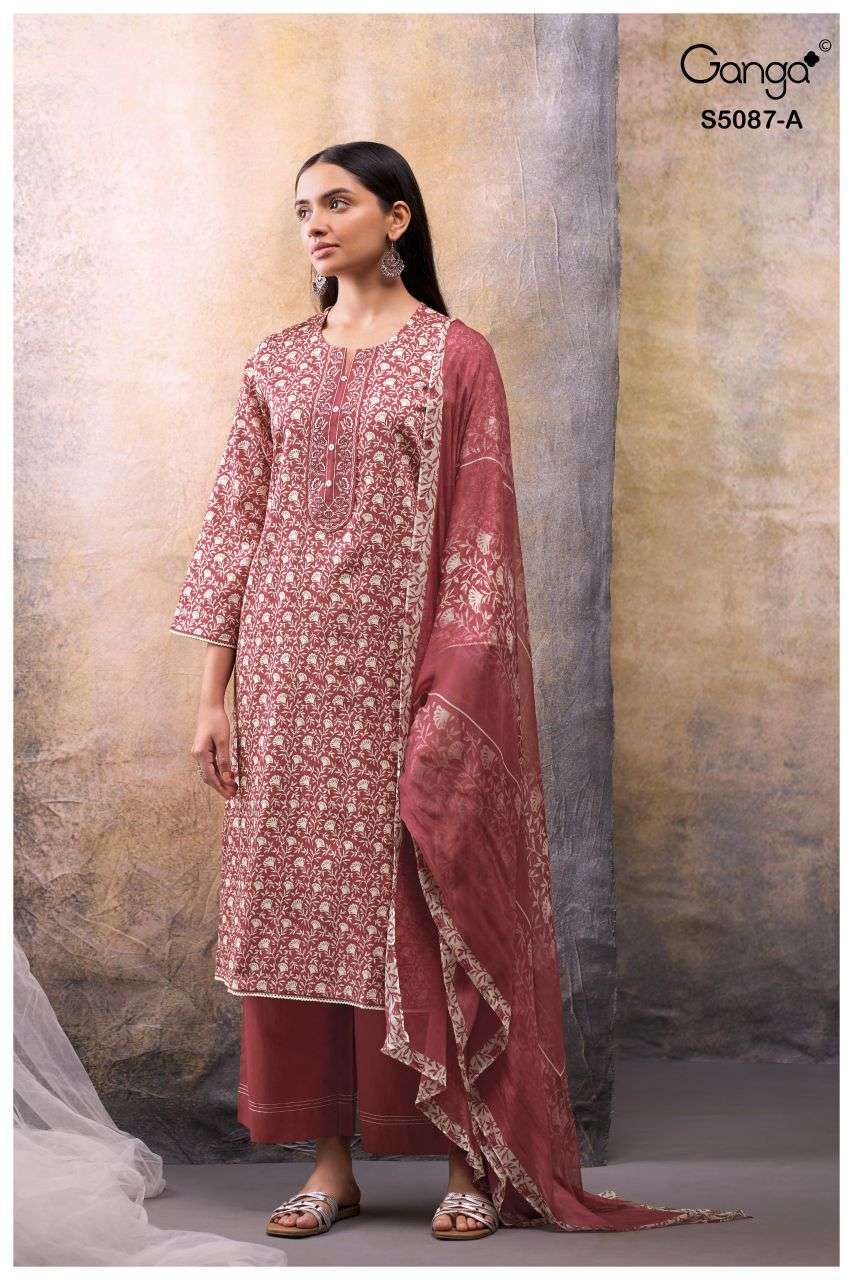 FAELYN SERIES 5087 BY GANGA DESIGNER PRINTED AND EMBROIDERY WORK COTTON SATIN SUITS ARE AVAILABLE AT WHOLESALE PRICE