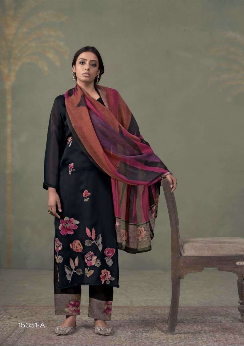 FERISHA SERIES 15351 BY OMTEX DESIGNER DIGITAL PRINTED AND APLIQUE WORK ORGANZA TWILL SUITS ARE AVAILABLE AT WHOLESALE PRICE 