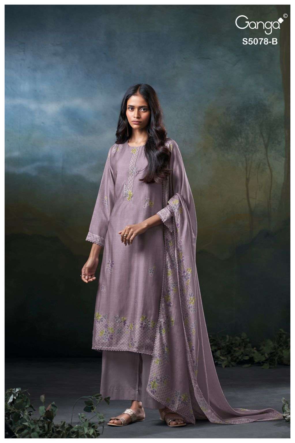 FIANA SERIES 5078 BY GANGA DESIGNER PRINTED WITH HAND EMBROIDERY AND EMBROIDERY WORK BEMBERG SILK SUITS ARE AVAILABLE AT WHOLESALE PRICE