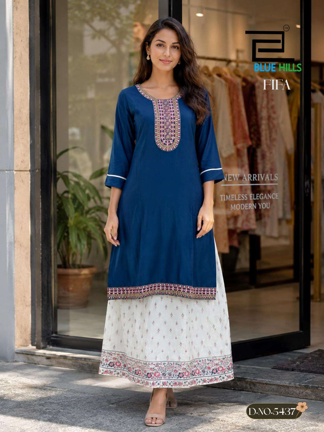 FIFA SERIES 5435 TO 5440 BY BLUE HILLS DESIGNER EMBROIDERY AND FOIL PRINT RAYON KURTI WITH SKIRT ARE AVAILABLE AT WHOLESALE PRICE