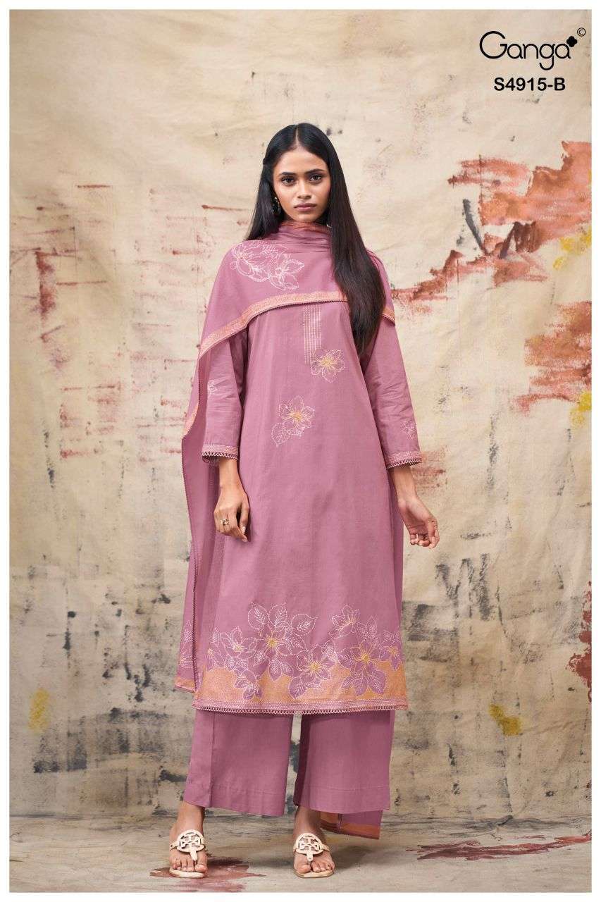 FIVANSHI SERIES 4915 BY GANGA DESIGNER PRINTED WITH HAND EMBROIDERY AND SCHIFFLI EMBROIDERY WORK COTTON SUITS ARE AVAILABLE AT WHOLESALE PRICE