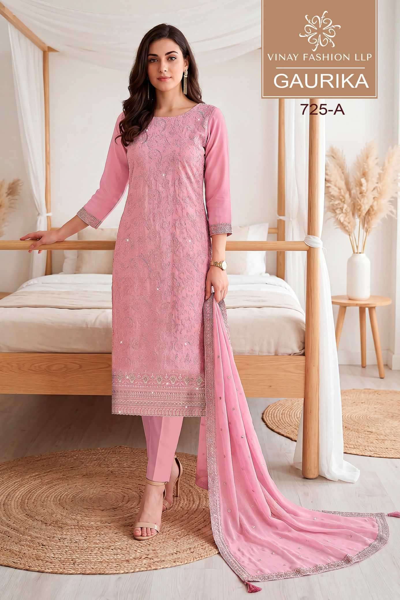 GAURIKA SERIES 725 BY VINAY DESIGNER THREAD EMBROIDERY WORK GEORGETTE SUITS ARE AVAILABLE AT WHOLESALE PRICE 