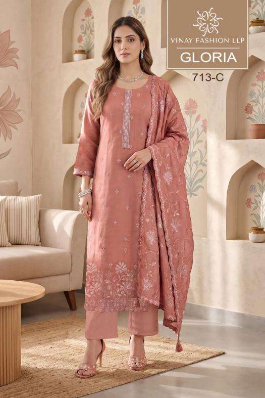 GLORIAA SERIES 713 BY VINAY DESIGNER EMBROIDERY WORK GOLD SILK SUITS ARE AVAILABLE AT WHOLESALE PRICE 