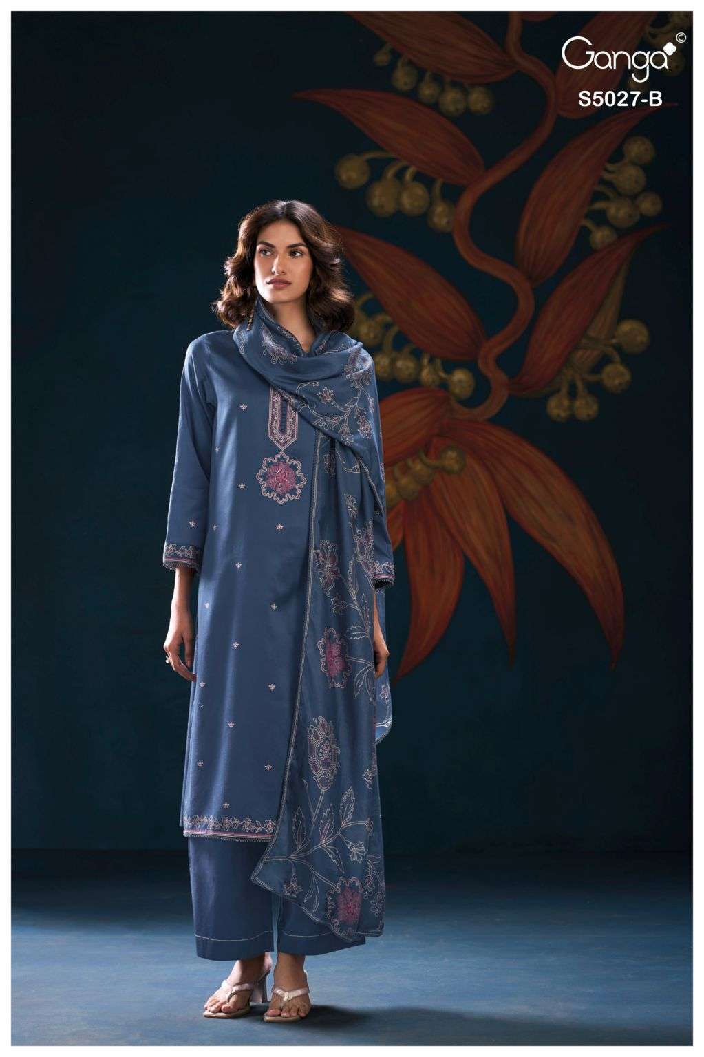 GULRUKH SERIES 5027 BY GANGA DESIGNER PRINTED WITH HAND EMBROIDERY AND EMBROIDERY WORK COTTON SATIN SUITS ARE AVAILABLE AT WHOLESALE PRICE 