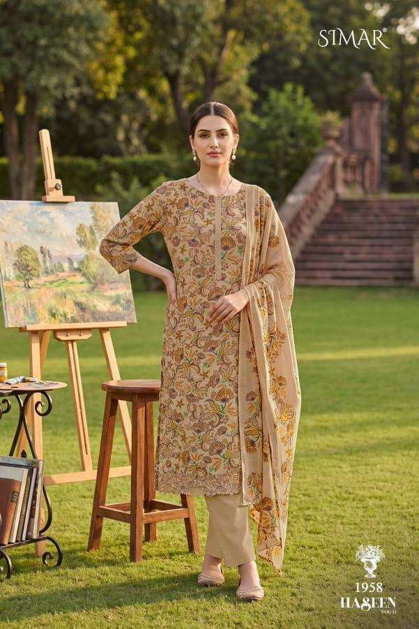 HASEEN VOL-11 SERIES 1953 TO 1958 BY SIMAR DESIGNER DIGITAL PRINTED AND EMBROIDERY WORK VISCOSE MUSLIN SUITS ARE AVAILABLE AT WHOLESALE PRICE