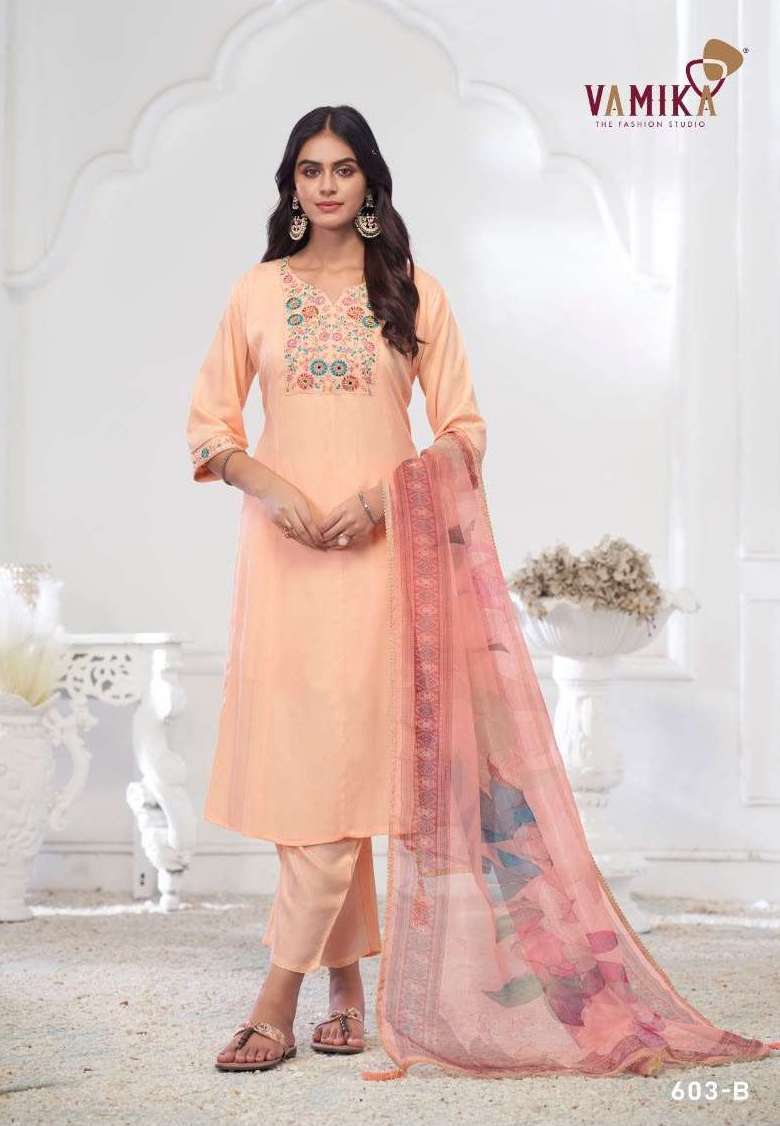 INAYAT VOL-1 SERIES 603 BY VAMIKA DESIGNER EMBROIDERY WORK RAYON WRINKLE TOP WITH BOTTOM AND DUPATTA ARE AVAILABLE AT WHOLESALE PRICE