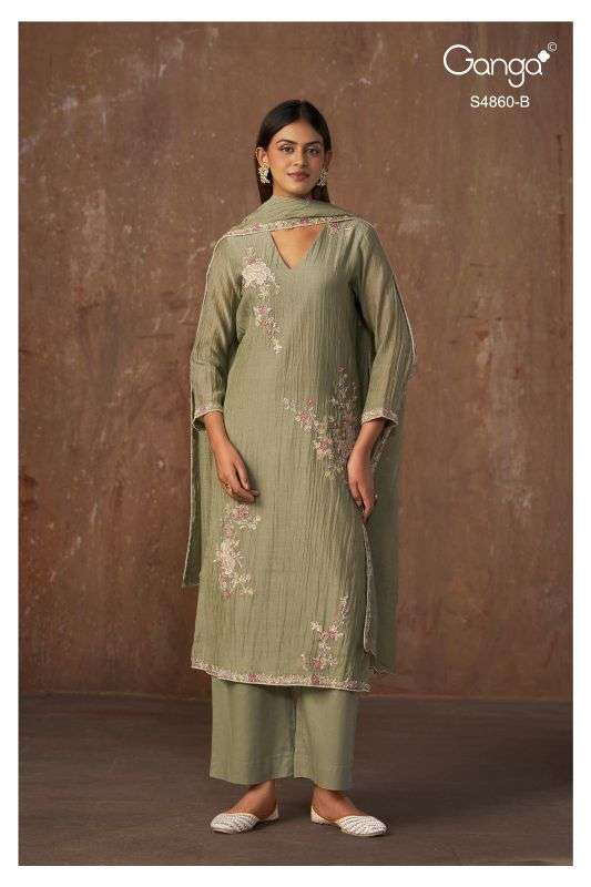 INDU SERIES 4860 BY GANGA DESIGNER THREAD AND BEADS WORK BANARASI MUL SUITS ARE AVAILABLE AT WHOLESALE PRICE