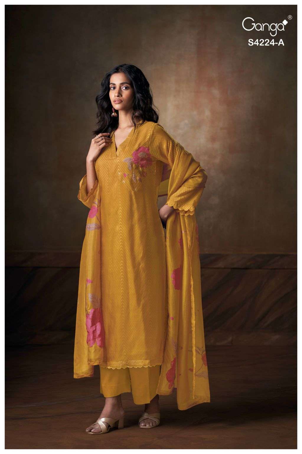 ISHVIKA SERIES 4224 BY GANGA DESIGNER EMBROIDERY WORK BEMBERG HABUTAI SILK SUITS ARE AVAILABLE AT WHOLESALE PRICE