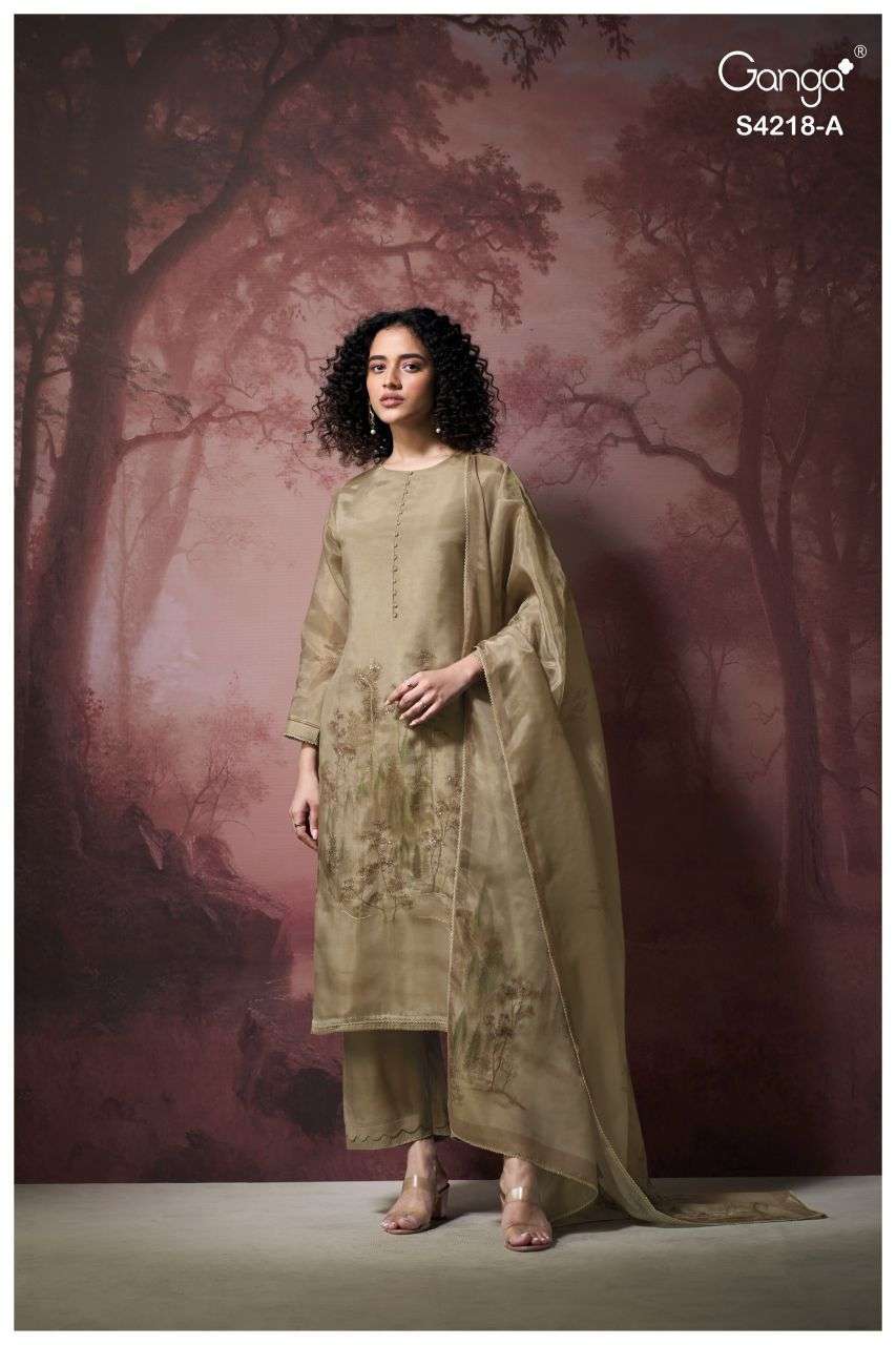 IVELLA SERIES 4218 BY GANGA DESIGNER PRINTED WITH HAND EMBROIDERY AND EMBROIDERY WORK BEMBERG SILK SUITS ARE AVAILABLE AT WHOLESALE PRICE 