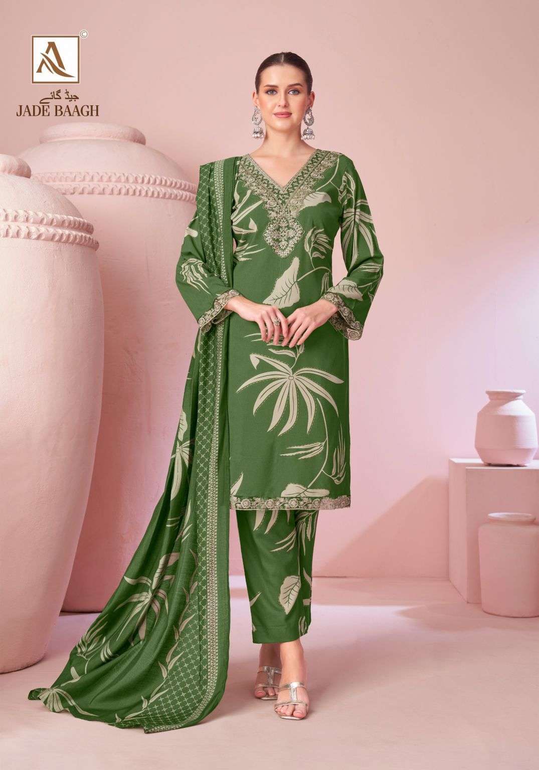 JADE BAAGH SERIES 3039 BY ALOK SUITS DESIGNER FOIL PRINTED AND EMBROIDERY WORK VISCOSE RAYON SUITS ARE AVAILABLE AT WHOLESALE PRICE 