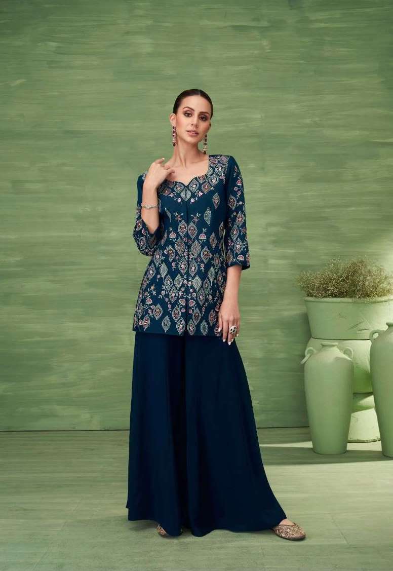 JALWA SERIES 1045 TO 1048 BY VAMIKA DESIGNER EMBROIDERY WORK ROMAN SILK TOP WITH PLAZZO ARE AVAILABLE AT WHOLESALE PRICE