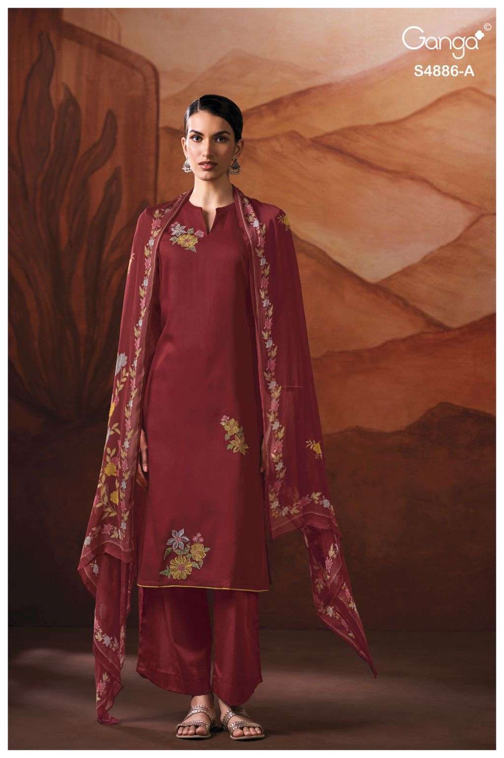 JELYIS SERIES 4886 BY GANGA DESIGNER PRINTED WITH EMBROIDERY WORK COTTON SATIN SUITS ARE AVAILABLE AT WHOLESALE PRICE