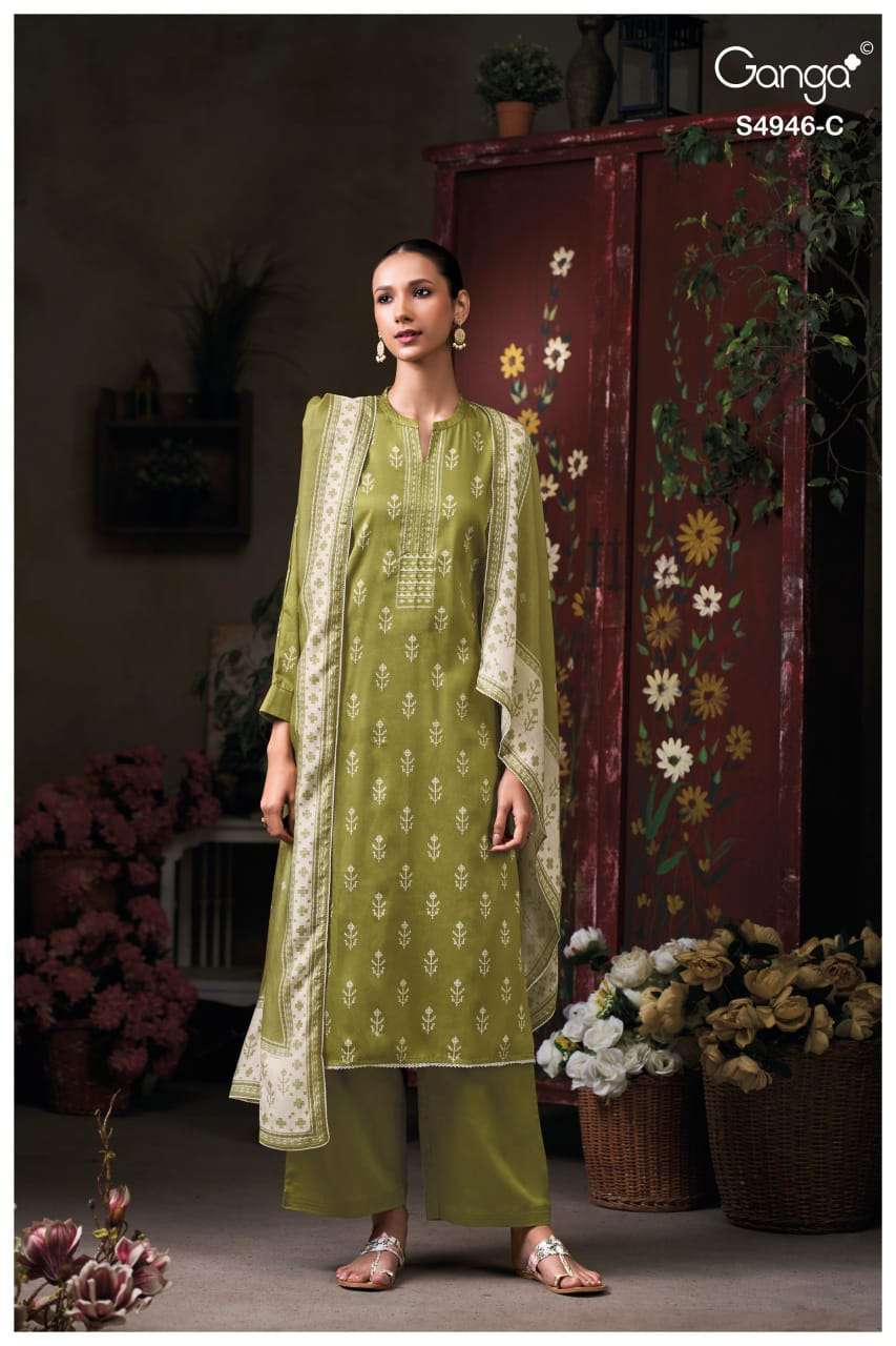 KAIRISHA SERIES 4946 BY GANGA DESIGNER HAND EMBROIDERY AND SCHIFFLI EMBROIDERY WORK COTTON SATIN SUITS ARE AVAILABLE AT WHOLESALE PRICE