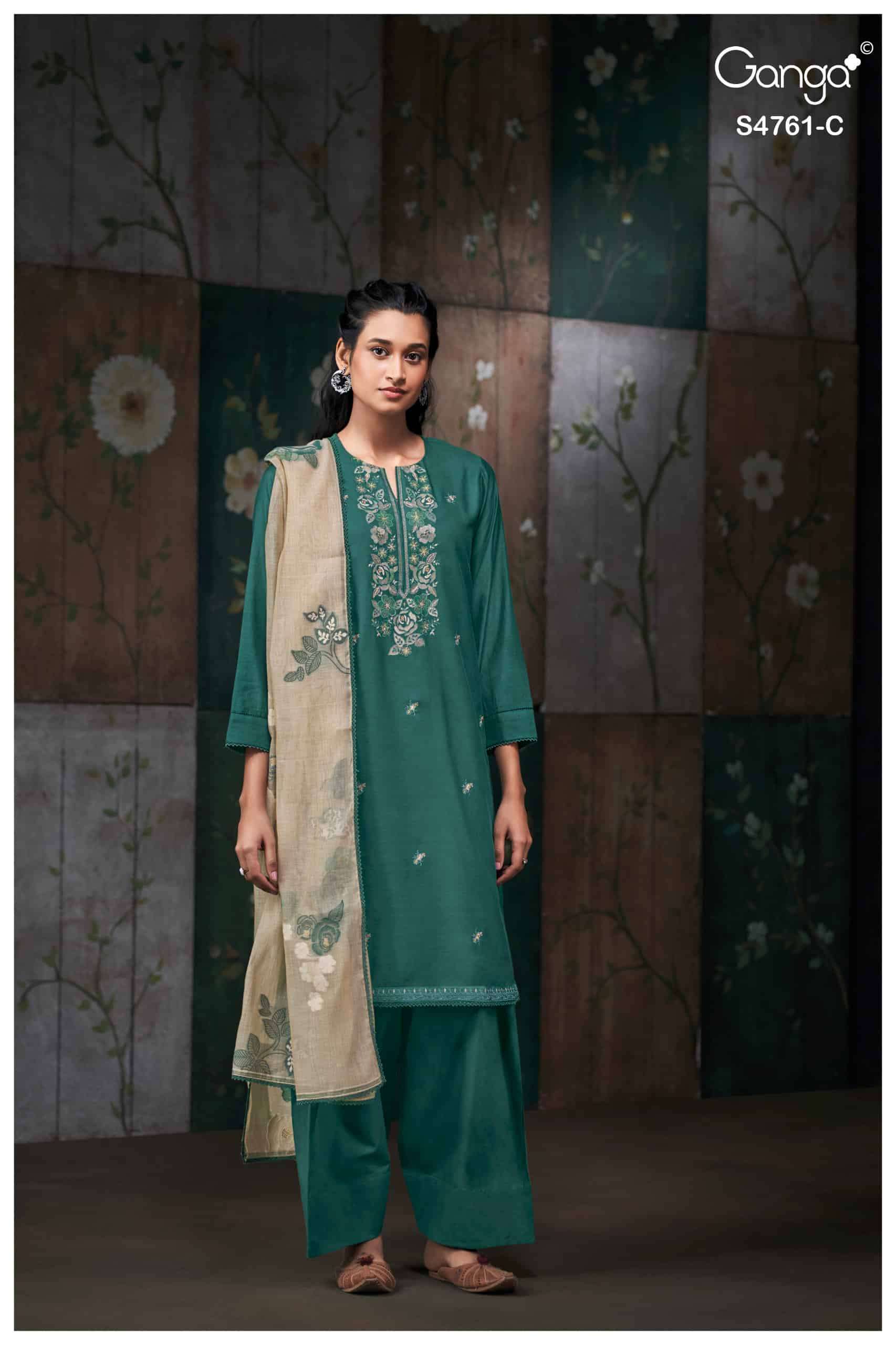 KALISTA SERIES 4761 BY GANGA DESIGNER EMBROIDERY AND SCHIFFLI EMBROIDERY WORK SILK SATIN SUITS ARE AVAILABLE AT WHOLESALE PRICE 
