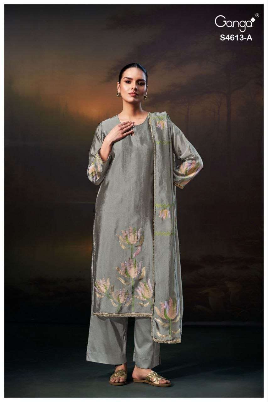 KEZRA SERIES 4613 BY GANGA DESIGNER EMBROIDERY VISCOSE WOVEN SILK JACQUARD SUITS ARE AVAILABLE AT WHOLESALE PRICE
