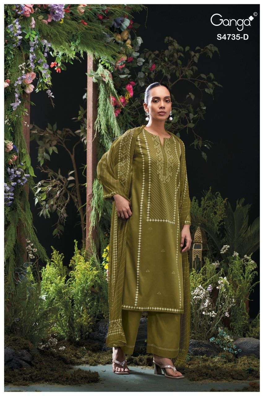 KIYANSHI SERIES 4735 BY GANGA DESIGNER PRINTED WITH HAND EMBROIDERY AND HAND WORK COTTON SATIN SUITS ARE AVAILABLE AT WHOLESALE PRICE