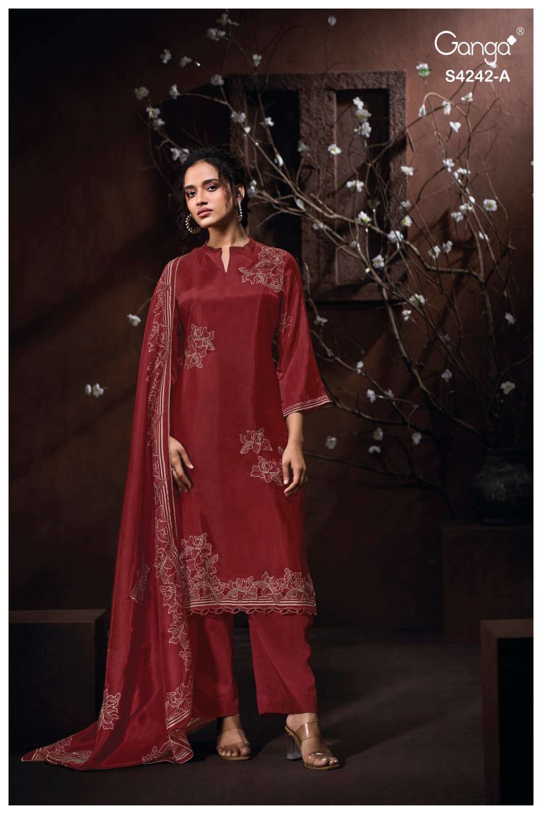 KYNNA SERIES 4242 BY GANGA DESIGNER PRINTED WITH HAND EMBROIDERY AND EMBROIDERY WORK HABUTAI SILK SUITS ARE AVAILABLE AT WHOLESALE PRICE