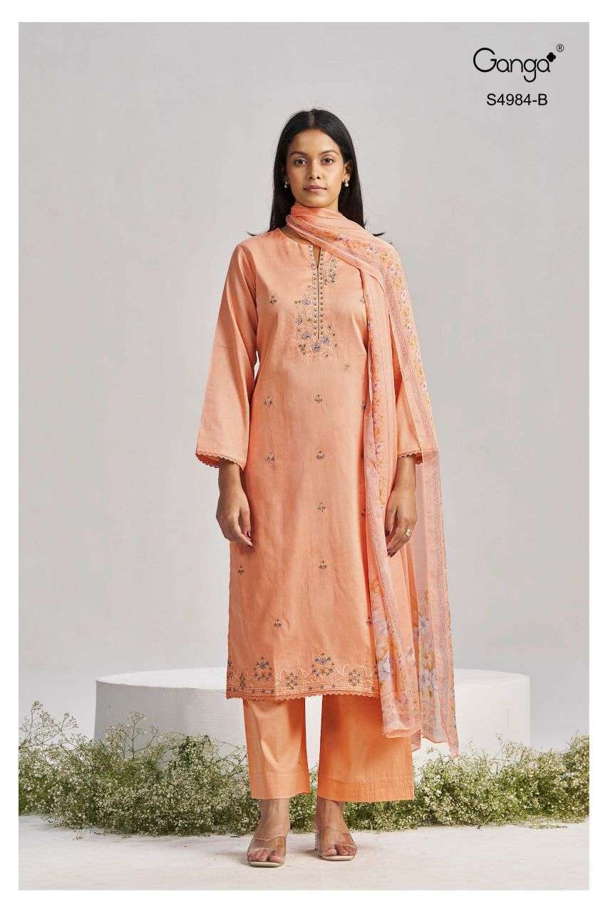 LISHKA SERIES 4984 BY GANGA DESIGNER EMBROIDERY WORK COTTON SATIN SUITS ARE AVAILABLE AT WHOLESALE PRICE
