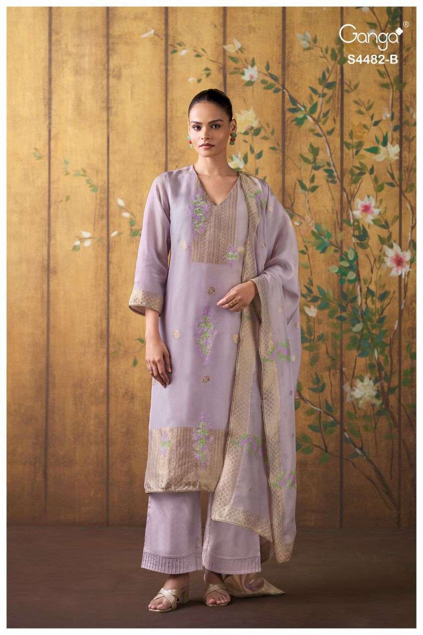 LUPITA SERIES 4482 BY GANGA DESIGNER HAND EMBROIDERY AND HAND WORK BEMBERG SILK ORGANZA JACQUARD SUITS ARE AVAILABLE AT WHOLESALE PRICE