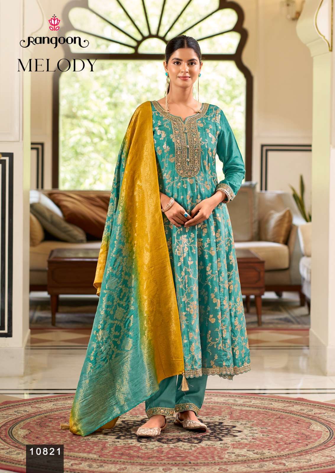 MELODY SERIES 10821 TO 10823 BY RANGOON DESIGNER KHATLI HAND WORK RUSSIAN JACQUARD ANARKALI TOP WITH BOTTOM AND DUPATTA ARE AVAILABLE AT WHOLESALE PRICE