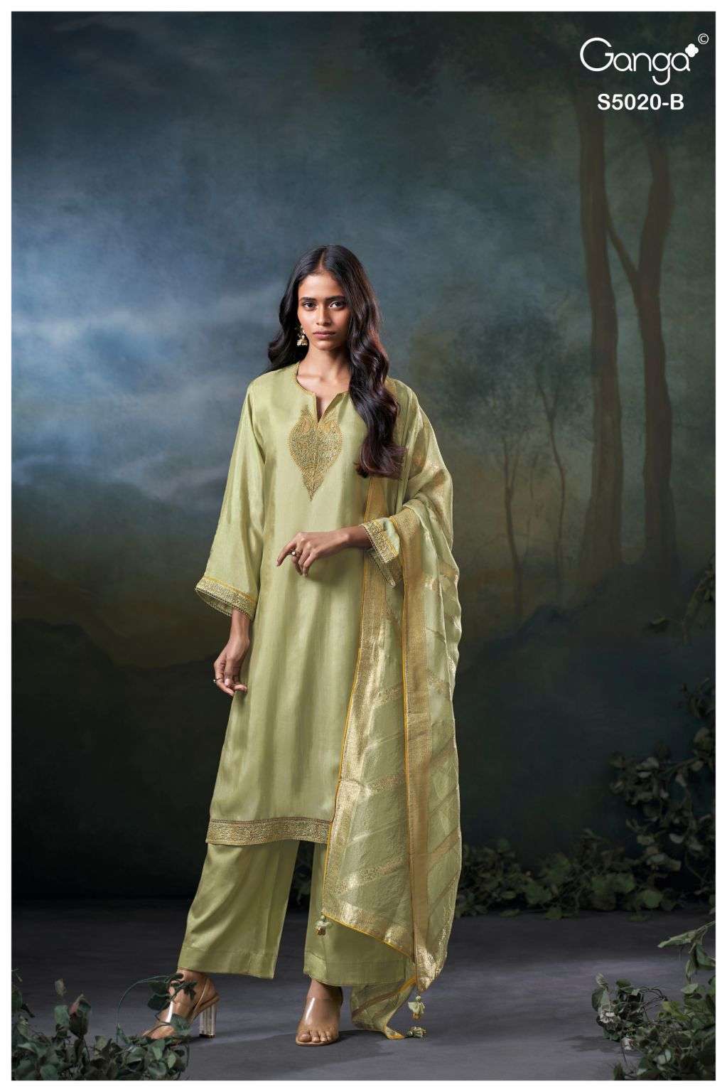 MELONI SERIES 5020 BY GANGA DESIGNER EMBROIDERY WORK BEMBERG HABUTAI SILK SUITS ARE AVAILABLE AT WHOLESALE PRICE
