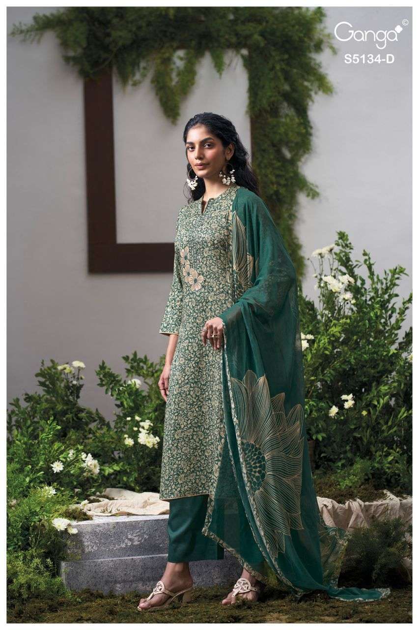 MITHILA SERIES 5134 BY GANGA DESIGNER PRINTED AND EMBROIDERY WORK COTTON SATIN SUITS ARE AVAILABLE AT WHOLESALE PRICE