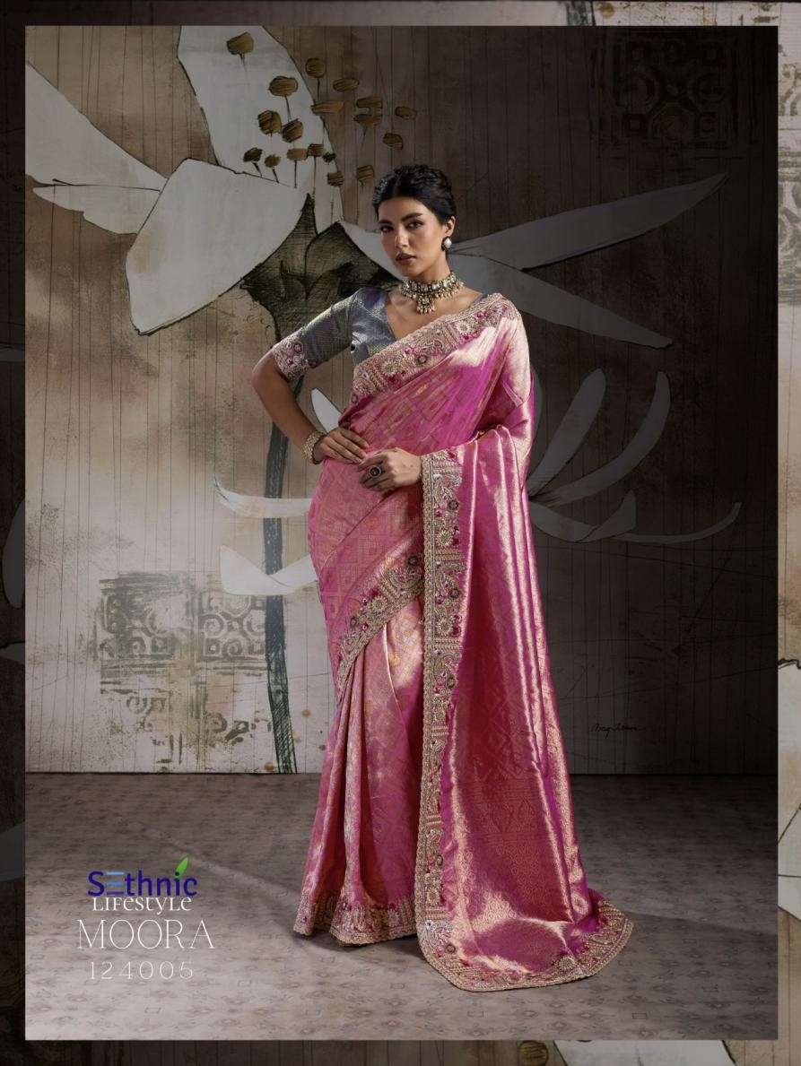 MOORA SERIES 124001 TO 124005 SAREE BY SETHNIC DESIGNER EMBROIDERY WORK BANARASI SILK JACQUARD SAREE ARE AVAILABLE AT WHOLESALE PRICE 