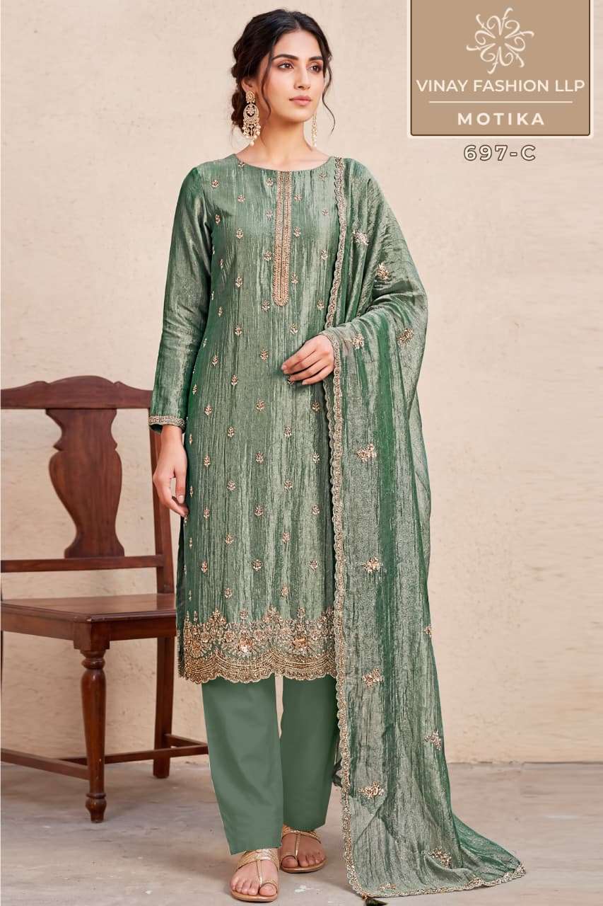 MOOTIKA SERIES 697 BY VINAY DESIGNER BEADS WORK CRUSH SILK SUIT ARE AVAILABLE AT WHOLESALE PRICE 
