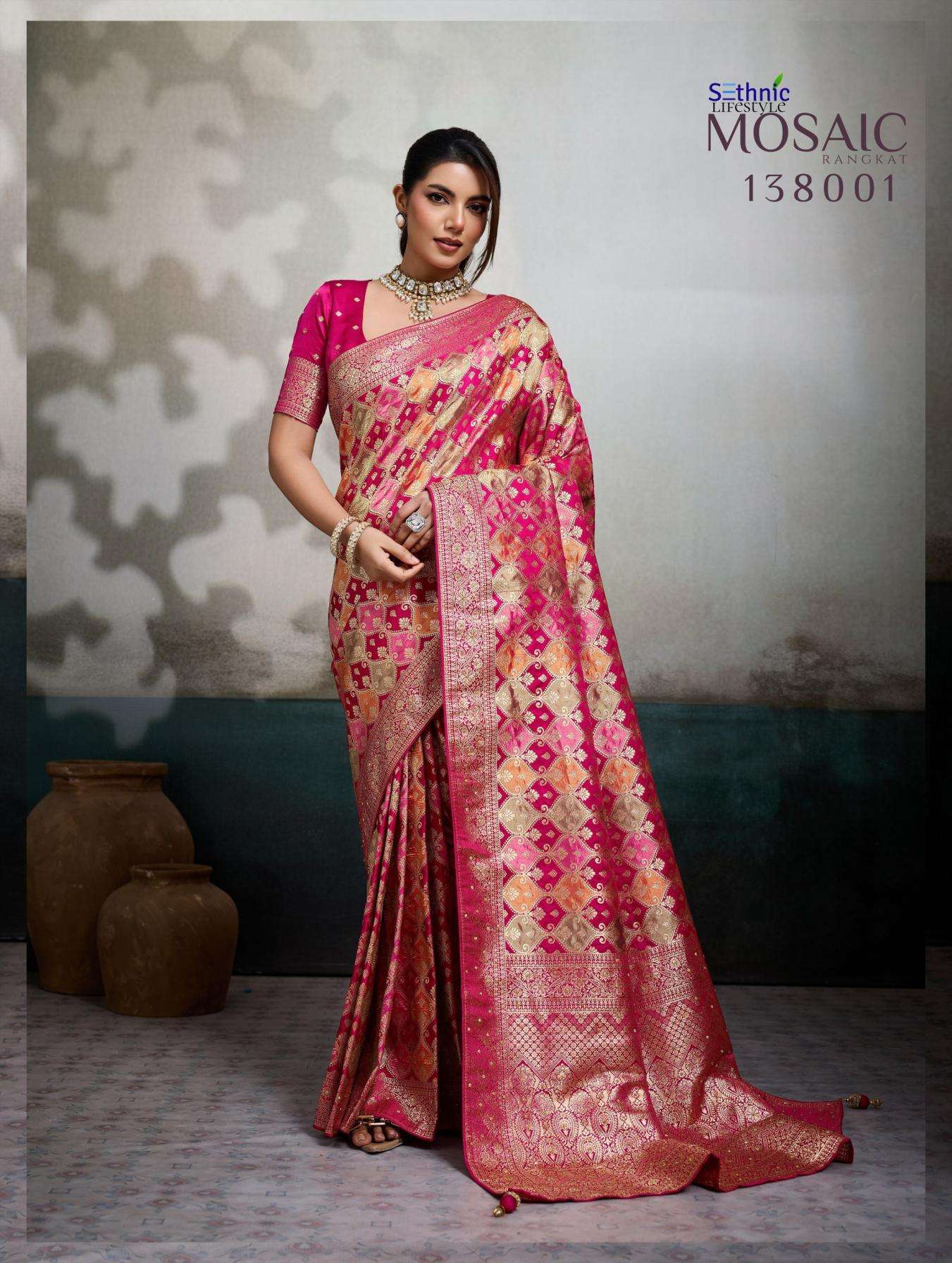 MOSAIC RANGKAT SERIES 138001 TO 138002 SAREE BY SETHNIC DESIGNER SATIN JACQUARD SAREE ARE AVAILABLE AT WHOLESALE PRICE