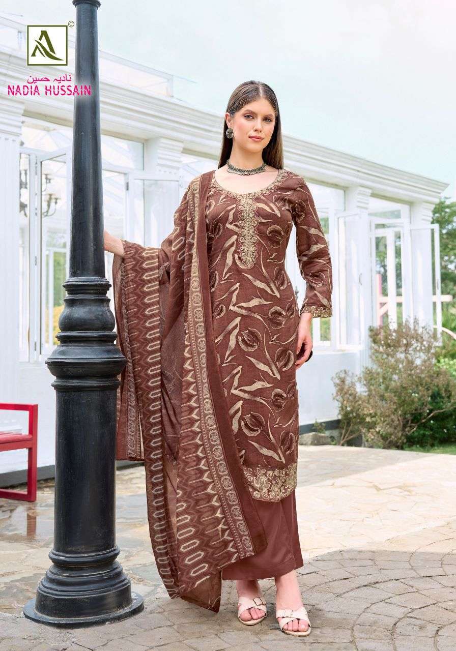 NADIA HUSSAIN SERIES 3062 BY ALOK SUITS DESIGNER FOIL PRINTED AND EMBROIDERY WORK ZAM COTTON SUITS ARE AVAILABLE AT WHOLESALE PRICE
