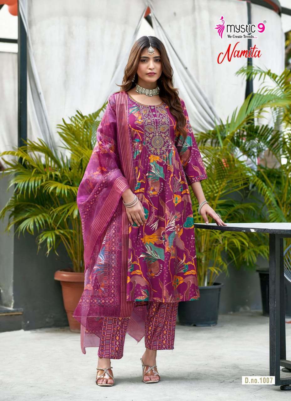NAMITA VOL-1 SERIES 1001 TO 1008 BY MYSTIC 9 DESIGNER FOIL PRINTED AND EMBROIDERY WORK MUSLIN TOP WITH BOTTOM AND DUPATTA ARE AVAILABLE AT WHOLESALE PRICE