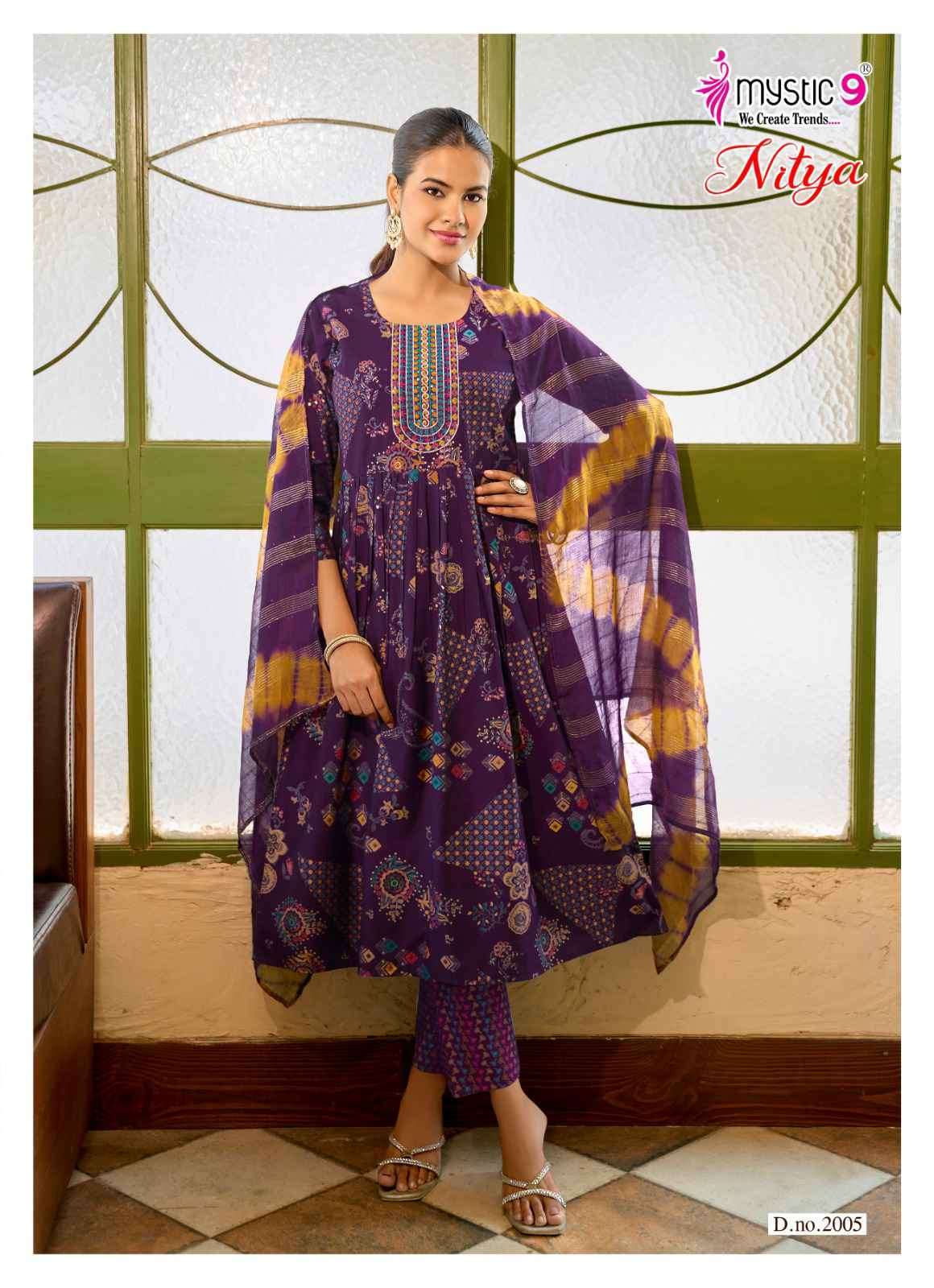 NITYA VOL-2 SERIES 2001 TO 2008 BY MYSTIC 9 DESIGNER FOIL DISCHARGE PRINT AND EMBROIDERY WORK VATICAN KURTI WITH BOTTOM AND DUPATTA ARE AVAILABLE AT WHOLESALE PRICE