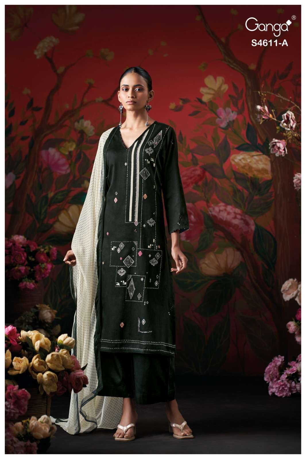 NIVARA SERIES 4611 BY GANGA DESIGNER HAND EMBROIDERY AND EMBROIDERY WORK COTTON SATIN SUITS ARE AVAILABLE AT WHOLESALE PRICE 